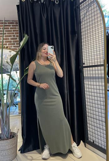 Kalın Askılı U Yaka Maxi Haki Elbise