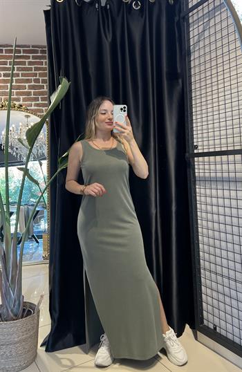 Kalın Askılı U Yaka Maxi Haki Elbise