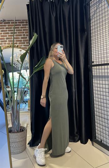 Kalın Askılı U Yaka Maxi Haki Elbise