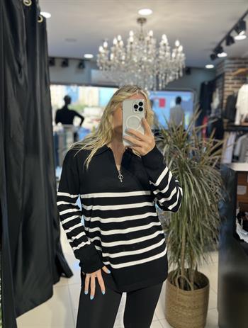 Kamyoner Yaka Fermuar Detaylı Çizgi Desenli Merserize Triko