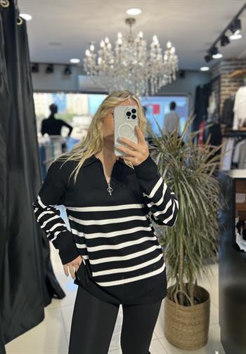 Kamyoner Yaka Fermuar Detaylı Çizgi Desenli Merserize Triko