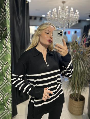 Kamyoner Yaka Fermuar Detaylı Çizgi Desenli Merserize Triko