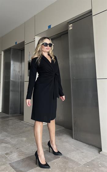 Uzun Kol Şal Yaka Siyah Elbise