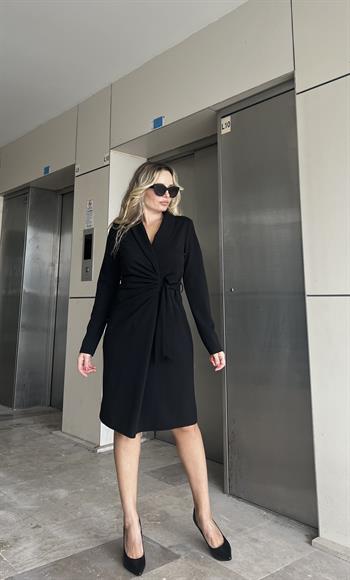 Uzun Kol Şal Yaka Siyah Elbise