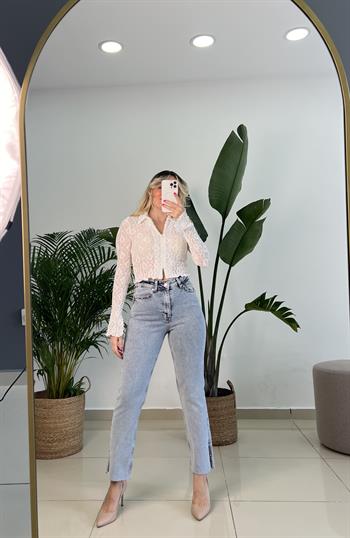 Kar Yıkama Yüksek Bel Taş Detaylı Jean Pantolon