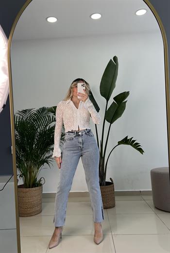 Kar Yıkama Yüksek Bel Taş Detaylı Jean Pantolon