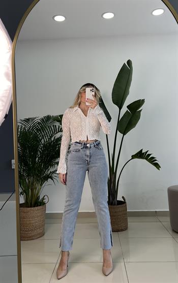 Kar Yıkama Yüksek Bel Taş Detaylı Jean Pantolon