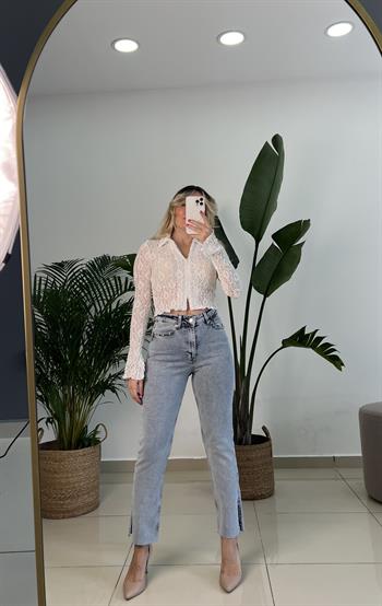 Kar Yıkama Yüksek Bel Taş Detaylı Jean Pantolon