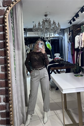 Katlamalı Paça Kemerli Vizon Pantolon
