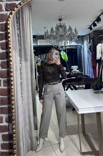 Katlamalı Paça Kemerli Vizon Pantolon