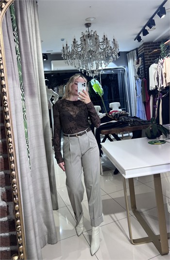 Katlamalı Paça Kemerli Vizon Pantolon