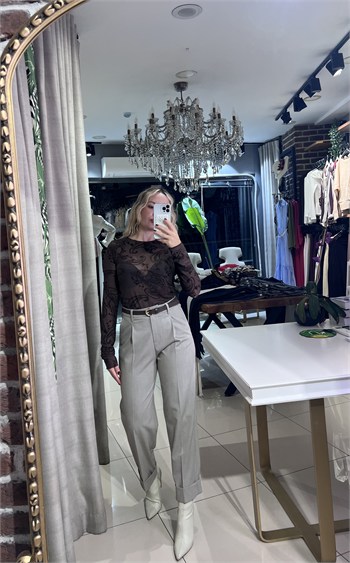 Katlamalı Paça Kemerli Vizon Pantolon