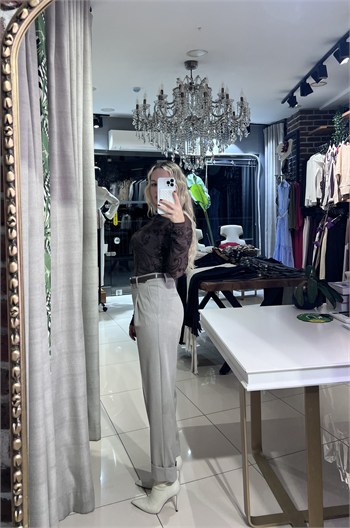 Katlamalı Paça Kemerli Vizon Pantolon