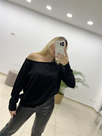 Kayık Yaka İnce Siyah Triko