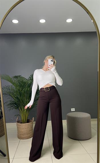 Kemer Aksesuarlı Full Likralı Kahverengi Palazzo Pantolon 