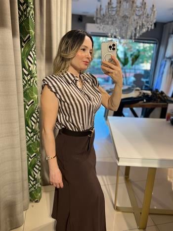 Kemerli Çizgili Kombine Midi Kahverengi Elbise