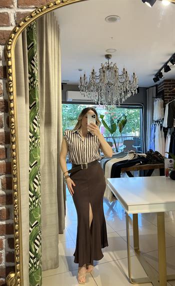 Kemerli Çizgili Kombine Midi Kahverengi Elbise