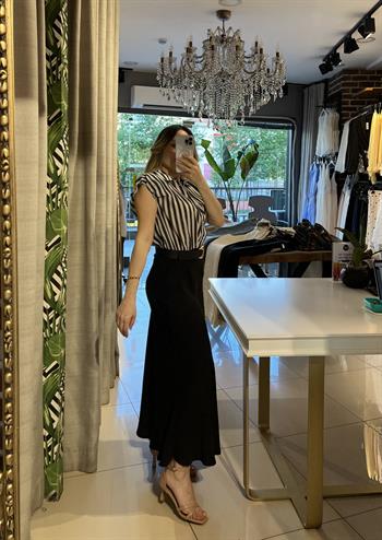 Kemerli Çizgili Kombine Midi Siyah Elbise