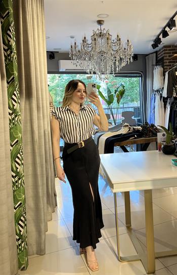 Kemerli Çizgili Kombine Midi Siyah Elbise
