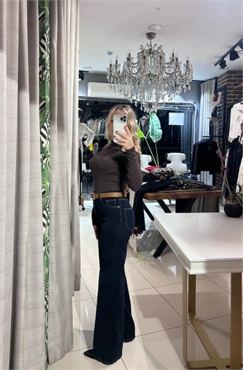 Kemerli Geniş Paça Likralı Jean Pantolon