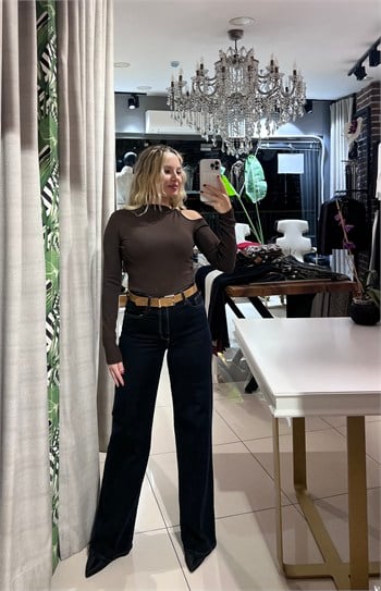 Kemerli Geniş Paça Likralı Jean Pantolon