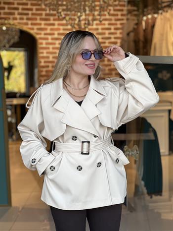 Kemerli Kısa Ekru Trençkot