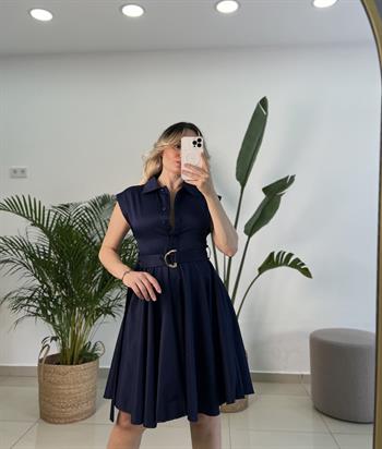 Kemerli Lacivert Kloş Elbise