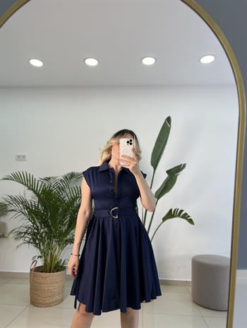 Kemerli Lacivert Kloş Elbise