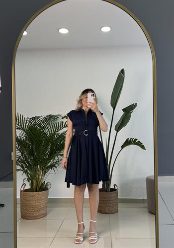 Kemerli Lacivert Kloş Elbise