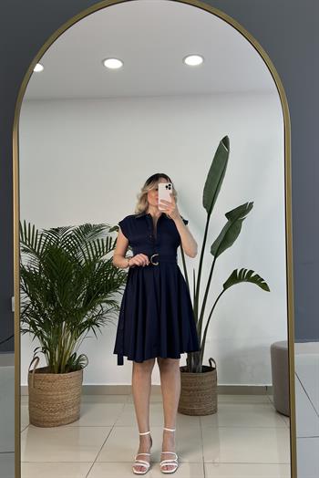 Kemerli Lacivert Kloş Elbise
