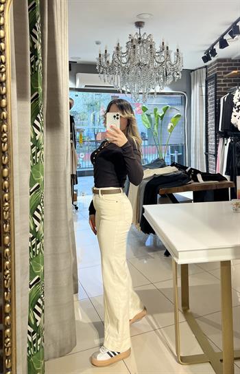 Kemerli Likralı Ekru Jean