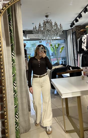 Kemerli Likralı Ekru Jean