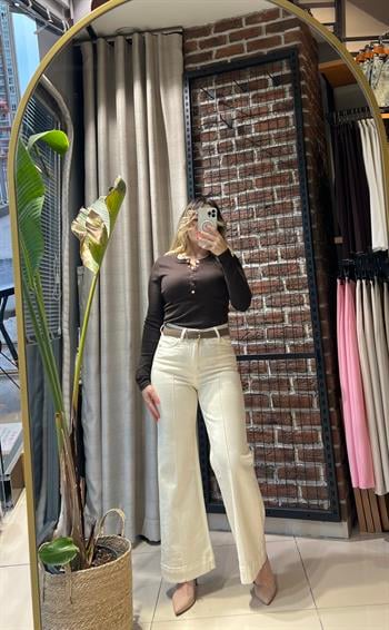 Kemerli Likralı Ekru Jean