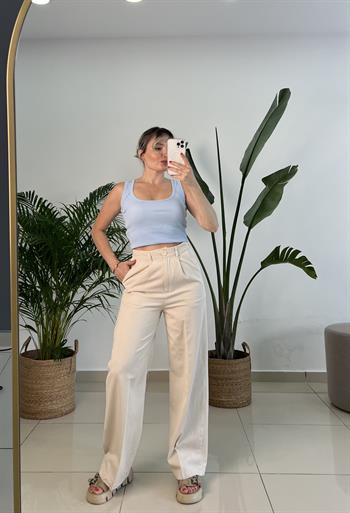 Kendinden Çizgili Ham Keten Palazzo Pantolon