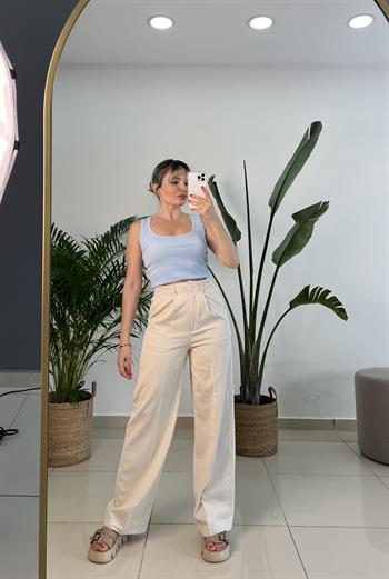 Kendinden Çizgili Ham Keten Palazzo Pantolon