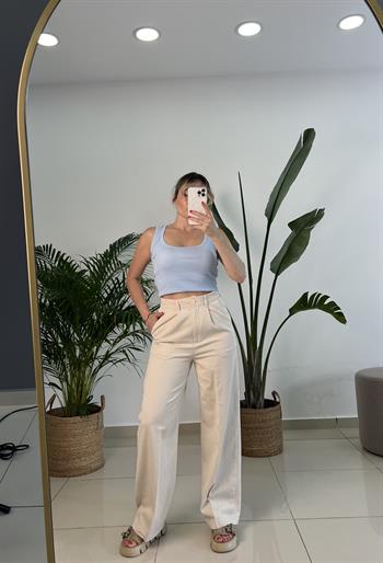 Kendinden Çizgili Ham Keten Palazzo Pantolon