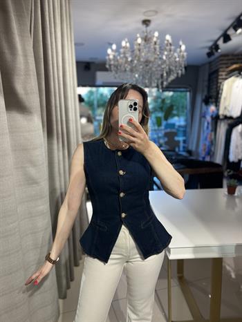 Koyu Mavi Gold Düğmeli Denim Yelek