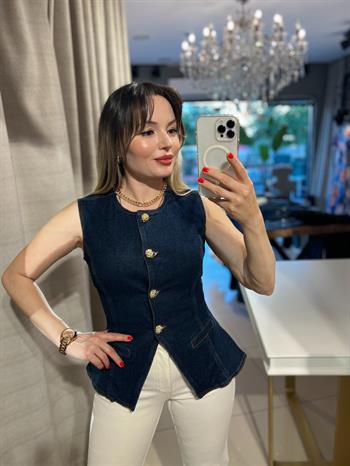 Koyu Mavi Gold Düğmeli Denim Yelek