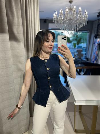 Koyu Mavi Gold Düğmeli Denim Yelek
