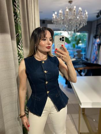 Koyu Mavi Gold Düğmeli Denim Yelek