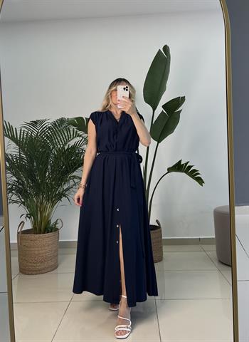 Krinkıl Keten Dökümlü Kumaş  Uzun Lacivert Elbise