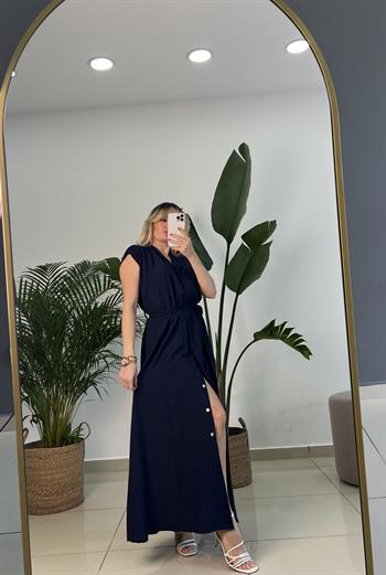 Krinkıl Keten Dökümlü Kumaş  Uzun Lacivert Elbise