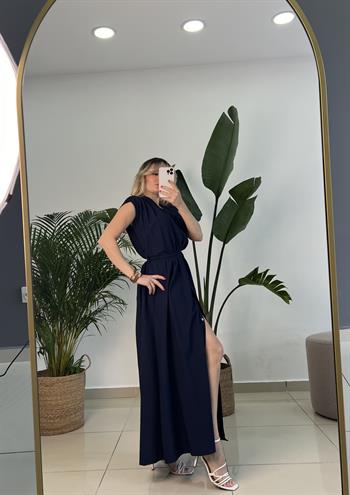 Krinkıl Keten Dökümlü Kumaş  Uzun Lacivert Elbise