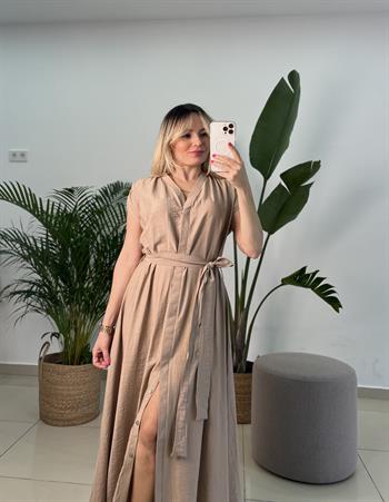 Krinkıl Keten Dökümlü Kumaş Vizon Uzun Elbise