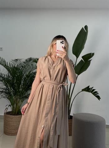 Krinkıl Keten Dökümlü Kumaş Vizon Uzun Elbise