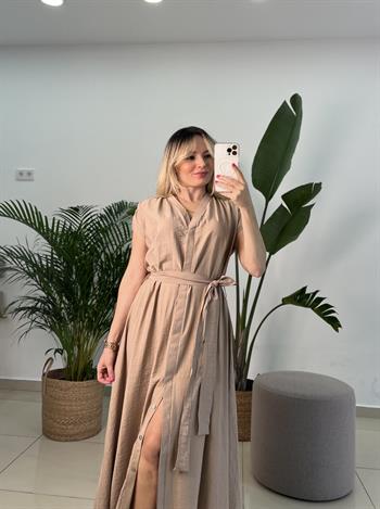 Krinkıl Keten Dökümlü Kumaş Vizon Uzun Elbise