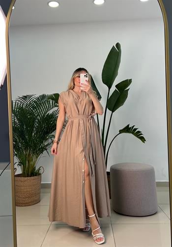 Krinkıl Keten Dökümlü Kumaş Vizon Uzun Elbise