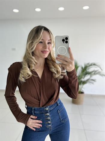 Kruvaze Yaka Kahverengi Uzun Kol Bodysuit