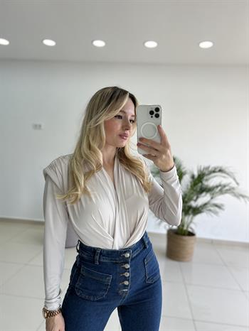 Kruvaze Yaka Taş Rengi Uzun Kol Bodysuit