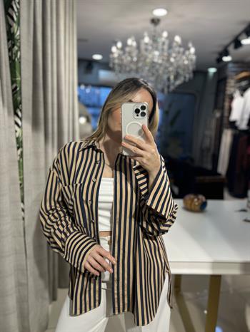 Lacivert-Camel Çizgili Keten Gömlek